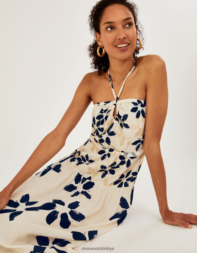 Monsoon kadınlar soyut çiçek desenli boyundan bağlamalı elbise JH86BT1098 Giyim fildişi