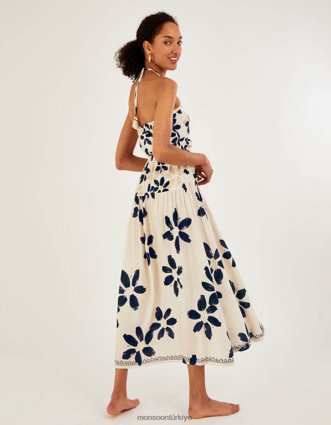 Monsoon kadınlar soyut çiçek desenli boyundan bağlamalı elbise JH86BT1098 Giyim fildişi