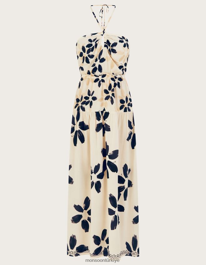 Monsoon kadınlar soyut çiçek desenli boyundan bağlamalı elbise JH86BT1098 Giyim fildişi