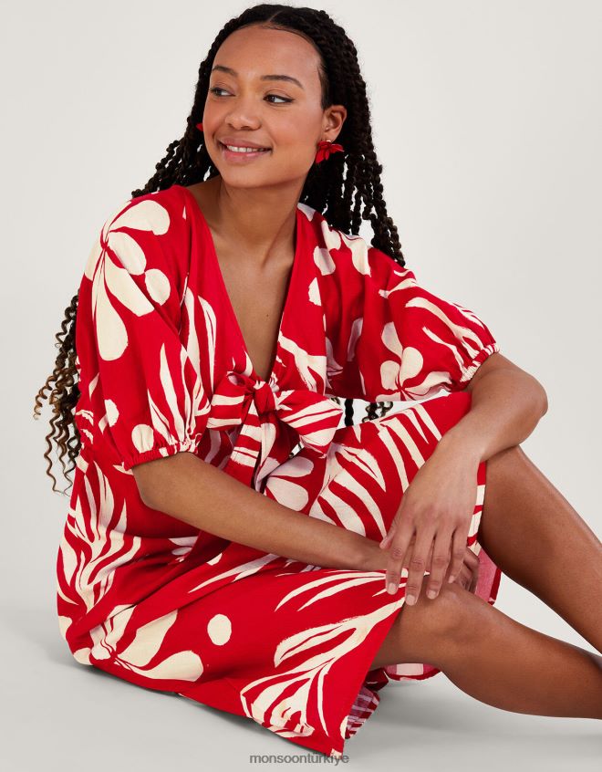 Monsoon kadınlar soyut palmiye desenli önden bağlamalı midi elbise JH86BT53 Giyim kırmızı