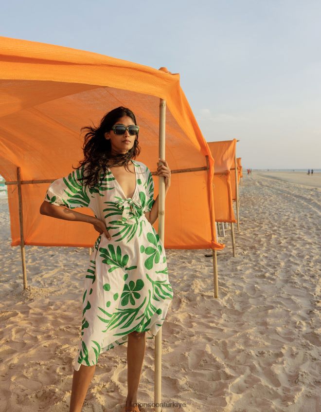 Monsoon kadınlar soyut palmiye desenli önden bağlamalı midi elbise JH86BT710 Giyim yeşil