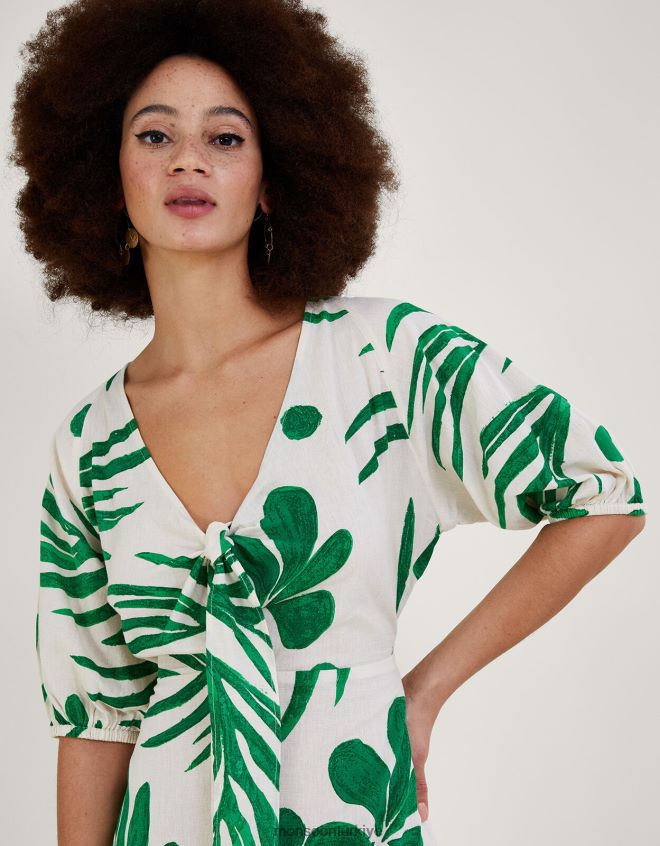 Monsoon kadınlar soyut palmiye desenli önden bağlamalı midi elbise JH86BT710 Giyim yeşil