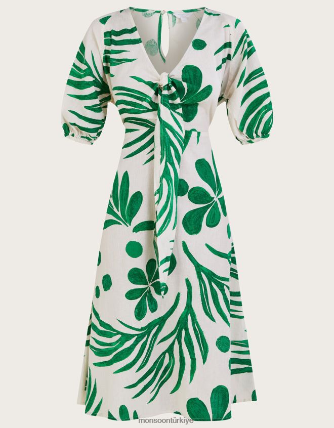 Monsoon kadınlar soyut palmiye desenli önden bağlamalı midi elbise JH86BT710 Giyim yeşil