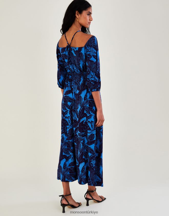 Monsoon kadınlar bardot yaprak desenli jarse maxi elbise JH86BT943 Giyim mavi