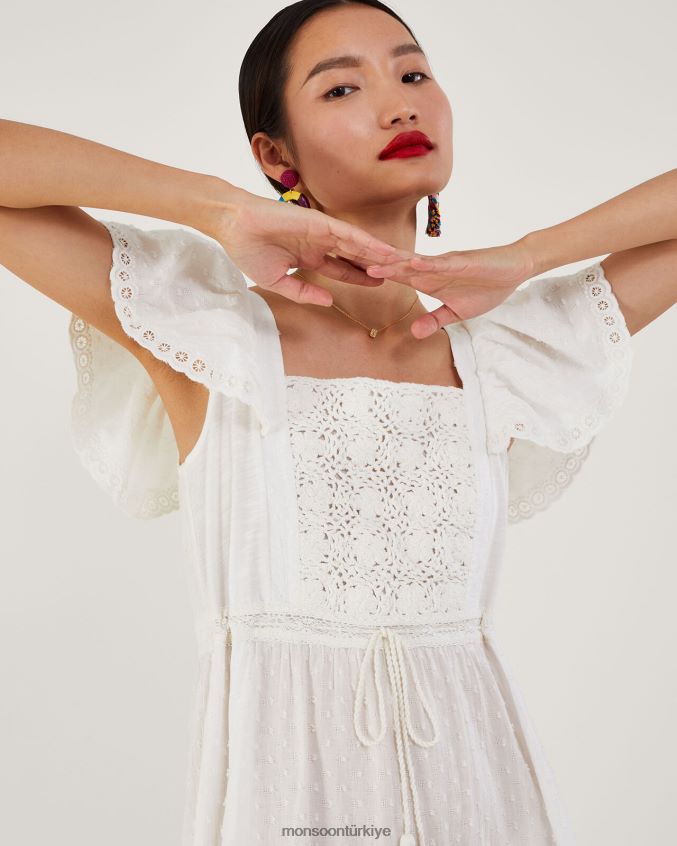 Monsoon kadınlar dokuma karışık kumaş midi elbise JH86BT979 Giyim beyaz