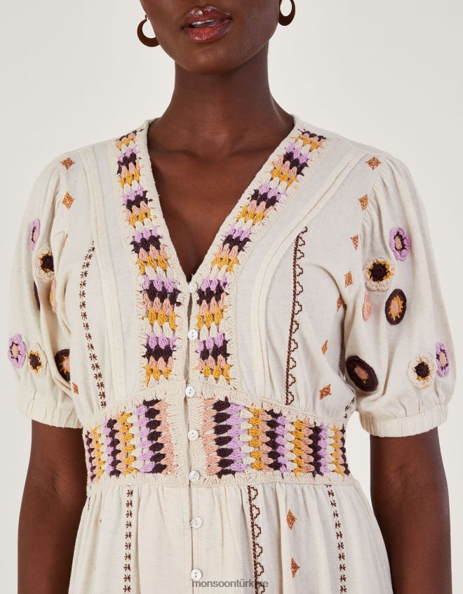 Monsoon kadınlar keten karışımlı tığ işi süslemeli midi elbise JH86BT494 Giyim doğal