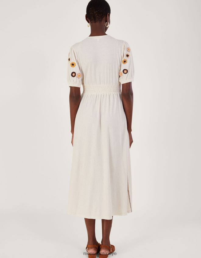 Monsoon kadınlar keten karışımlı tığ işi süslemeli midi elbise JH86BT494 Giyim doğal