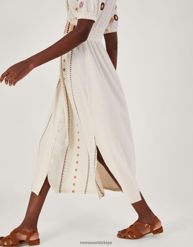 Monsoon kadınlar keten karışımlı tığ işi süslemeli midi elbise JH86BT494 Giyim doğal