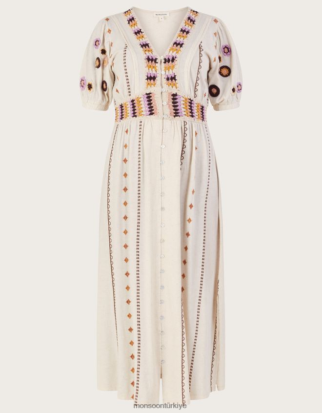 Monsoon kadınlar keten karışımlı tığ işi süslemeli midi elbise JH86BT494 Giyim doğal
