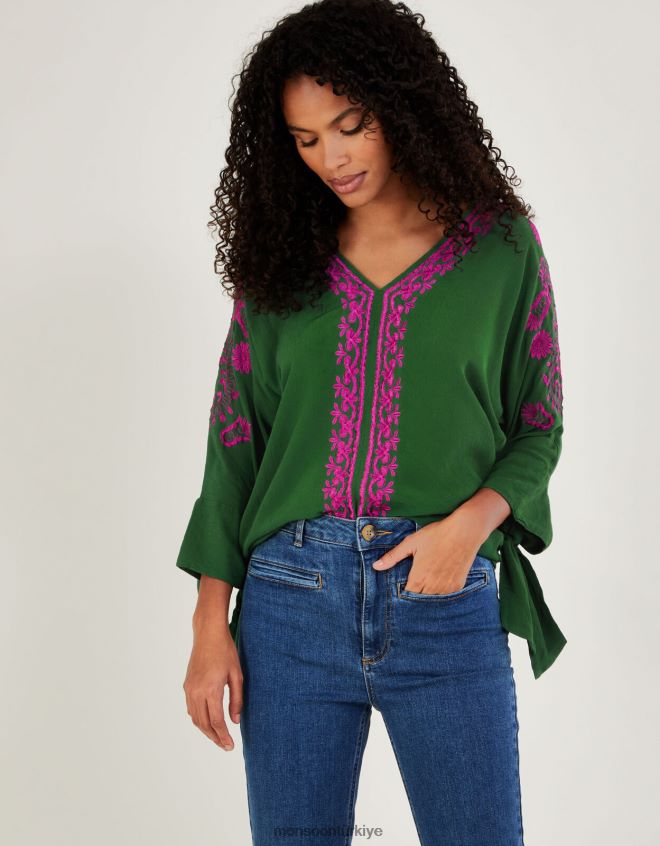 Monsoon kadınlar Christina sürdürülebilir viskondan işlemeli üst JH86BT1077 Giyim yeşil