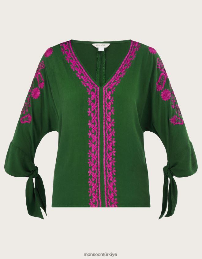 Monsoon kadınlar Christina sürdürülebilir viskondan işlemeli üst JH86BT1077 Giyim yeşil