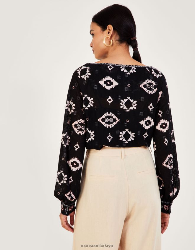 Monsoon kadınlar Geri dönüştürülmüş polyesterden üretilmiş, tamamı geometrik jarse üst JH86BT1008 Giyim siyah