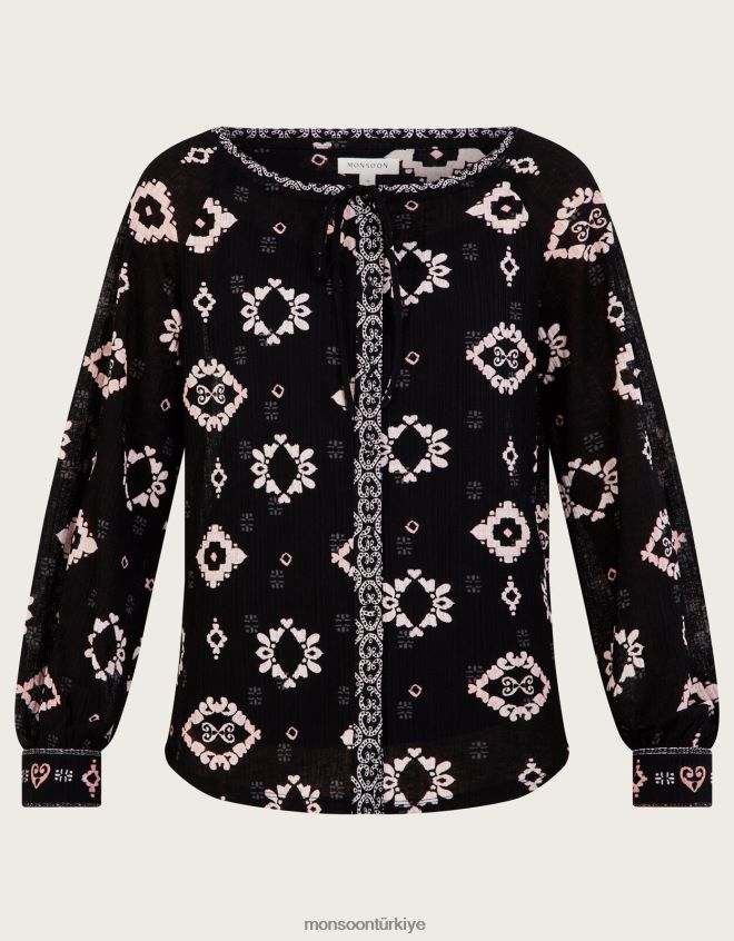 Monsoon kadınlar Geri dönüştürülmüş polyesterden üretilmiş, tamamı geometrik jarse üst JH86BT1008 Giyim siyah