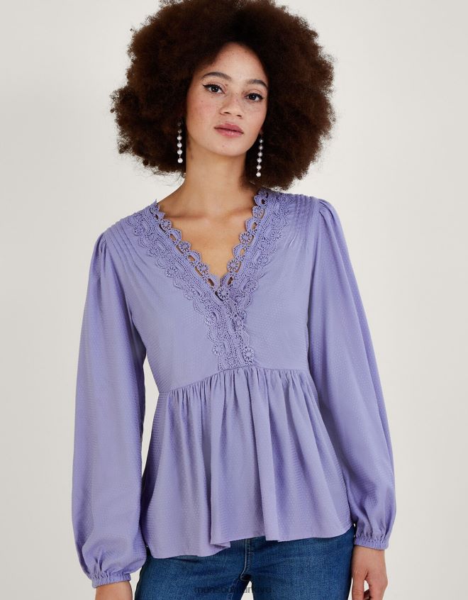 Monsoon kadınlar Lenzing Ecovero'da Lucy Dantelli Düz Üst JH86BT1021 Giyim mor (leylak)