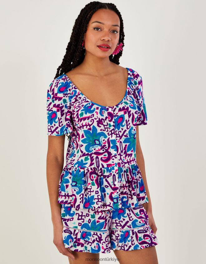 Monsoon kadınlar Lenzing Ecovero\'da ateş çiçeği ikat desenli kısa kollu üst JH86BT591 Giyim mavi