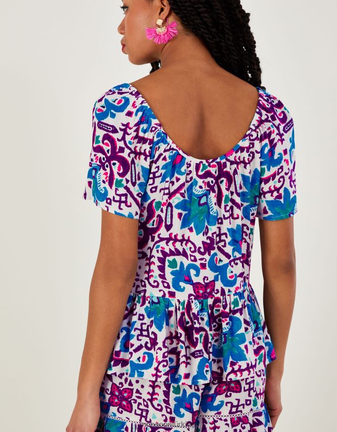 Monsoon kadınlar Lenzing Ecovero\'da ateş çiçeği ikat desenli kısa kollu üst JH86BT591 Giyim mavi