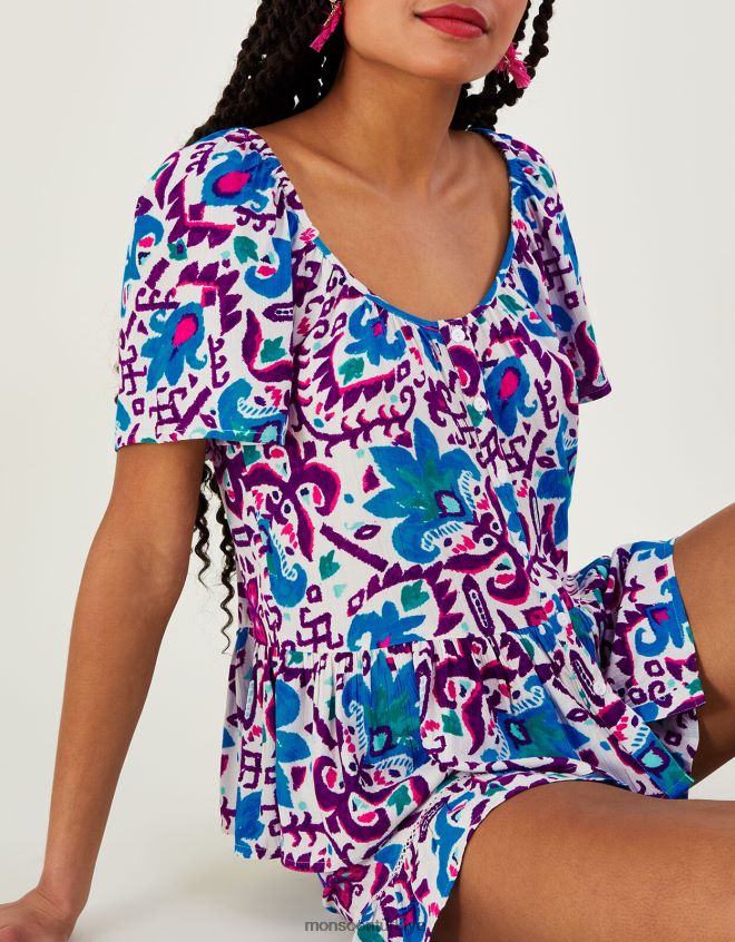 Monsoon kadınlar Lenzing Ecovero\'da ateş çiçeği ikat desenli kısa kollu üst JH86BT591 Giyim mavi