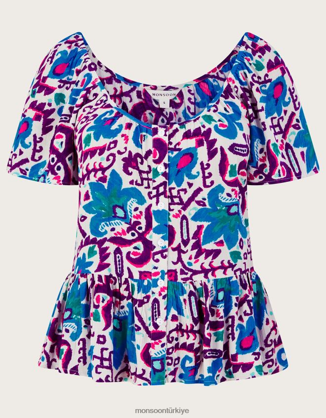 Monsoon kadınlar Lenzing Ecovero\'da ateş çiçeği ikat desenli kısa kollu üst JH86BT591 Giyim mavi