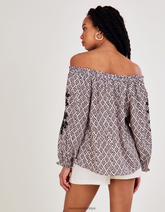 Monsoon kadınlar Lenzing Ecovero\'da baskılı bardot üst JH86BT2787 Giyim siyah