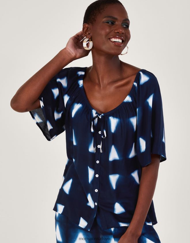 Monsoon kadınlar Lenzing Ecovero'da batik üçgen üst JH86BT476 Giyim Mavi Donanma)