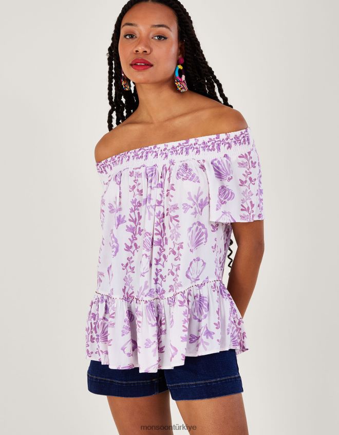 Monsoon kadınlar Lenzing Ecovero'da deniz kabuğu desenli kısa kollu üst JH86BT277 Giyim pembe