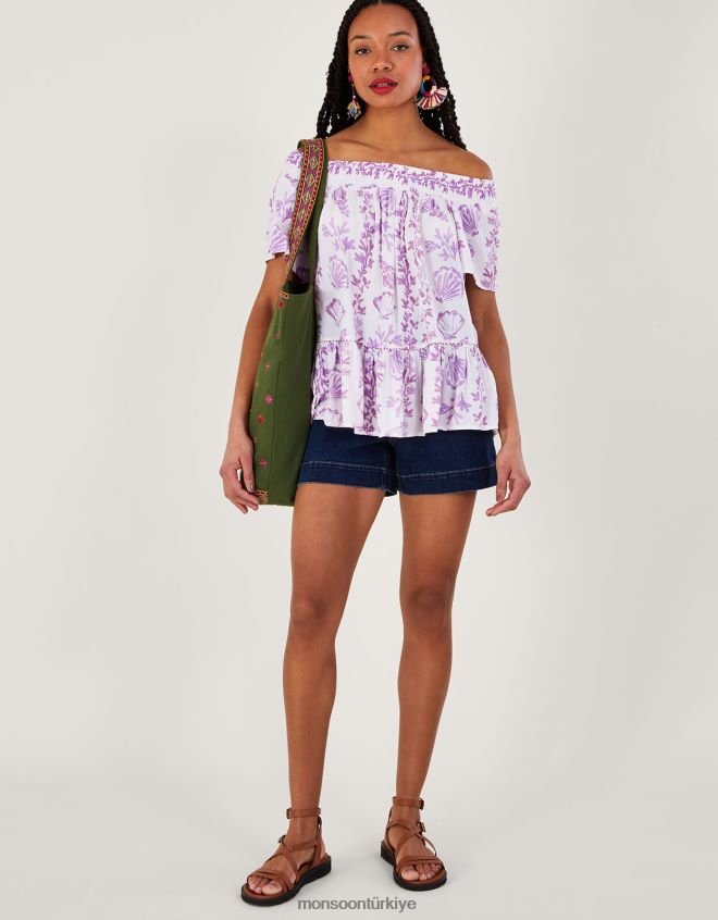 Monsoon kadınlar Lenzing Ecovero\'da deniz kabuğu desenli kısa kollu üst JH86BT277 Giyim pembe