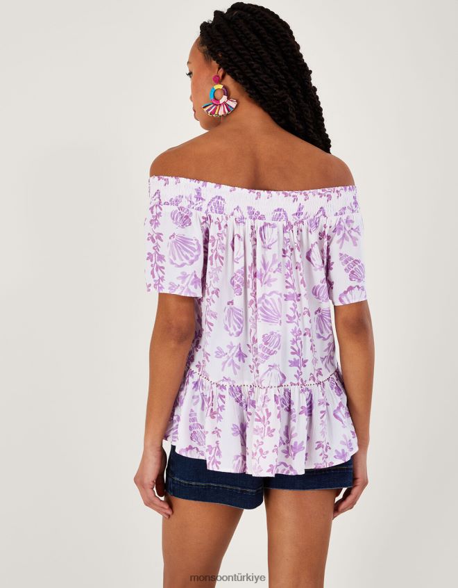 Monsoon kadınlar Lenzing Ecovero\'da deniz kabuğu desenli kısa kollu üst JH86BT277 Giyim pembe