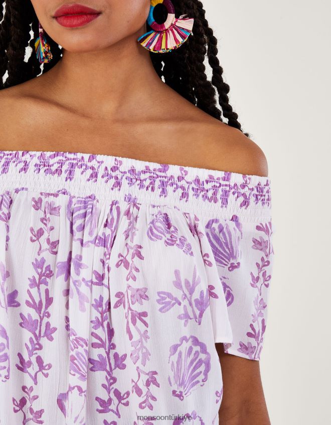 Monsoon kadınlar Lenzing Ecovero\'da deniz kabuğu desenli kısa kollu üst JH86BT277 Giyim pembe