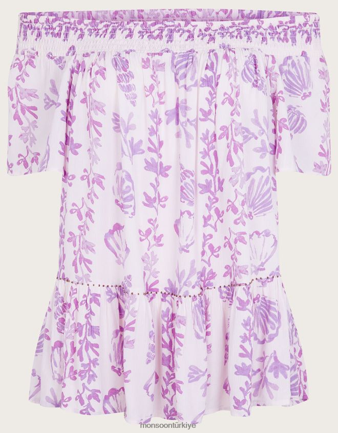 Monsoon kadınlar Lenzing Ecovero\'da deniz kabuğu desenli kısa kollu üst JH86BT277 Giyim pembe