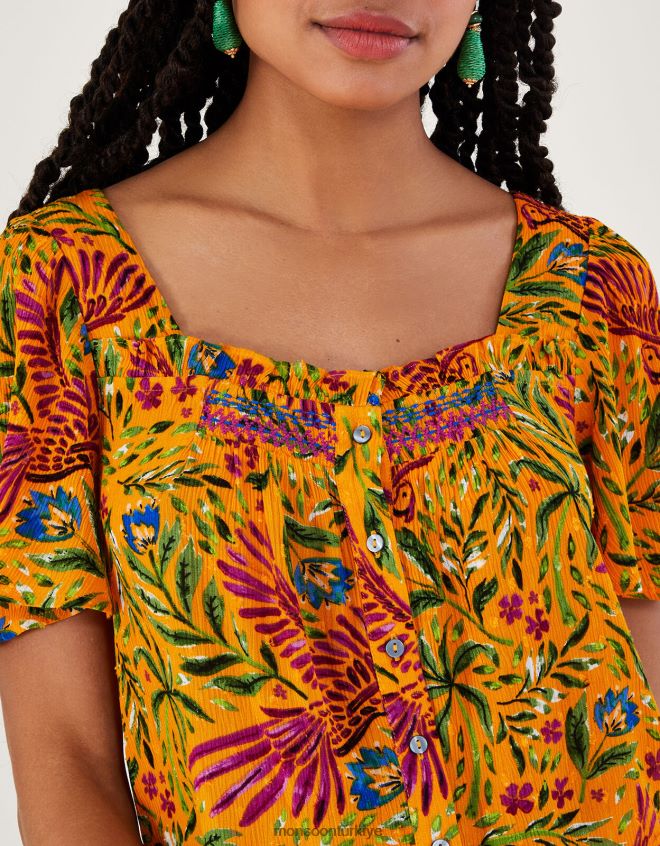 Monsoon kadınlar Lenzing ecovero\'da çiçek ve palmiye desenli kısa kollu üst JH86BT157 Giyim sarı