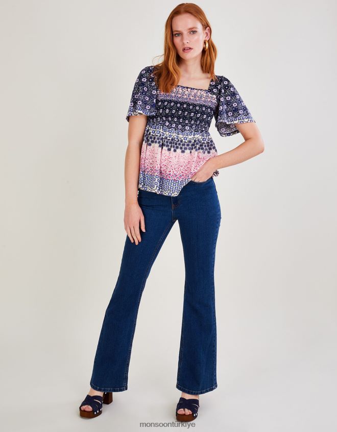 Monsoon kadınlar Sürdürülebilir pamuklu çiçek baskılı büzgülü jarse üst JH86BT2786 Giyim mavi