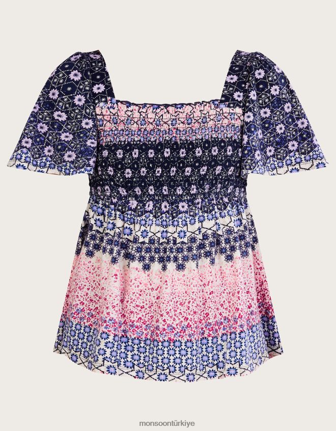 Monsoon kadınlar Sürdürülebilir pamuklu çiçek baskılı büzgülü jarse üst JH86BT2786 Giyim mavi