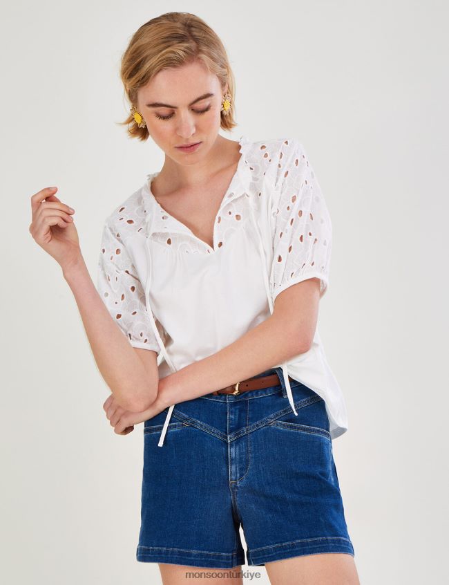 Monsoon kadınlar Sürdürülebilir pamuktan broderie kollu jarse üst JH86BT2785 Giyim fildişi