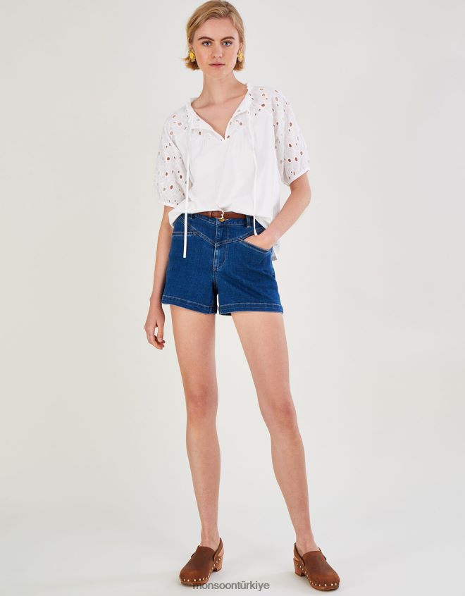 Monsoon kadınlar Sürdürülebilir pamuktan broderie kollu jarse üst JH86BT2785 Giyim fildişi