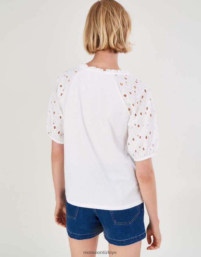 Monsoon kadınlar Sürdürülebilir pamuktan broderie kollu jarse üst JH86BT2785 Giyim fildişi