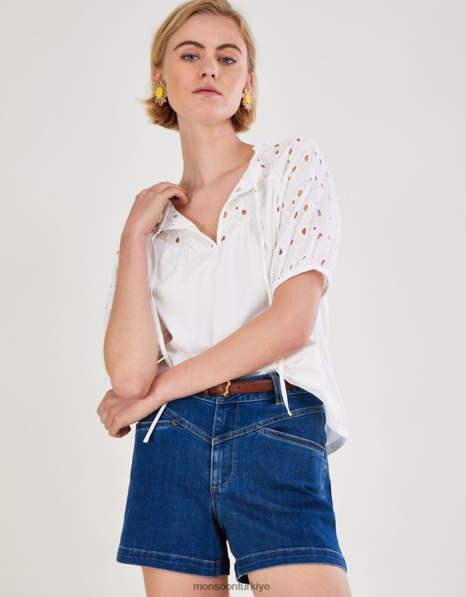 Monsoon kadınlar Sürdürülebilir pamuktan broderie kollu jarse üst JH86BT2785 Giyim fildişi