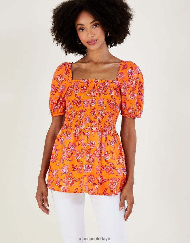 Monsoon kadınlar Sürdürülebilir pamuktan çiçek desenli büzgülü korsaj üst JH86BT480 Giyim turuncu