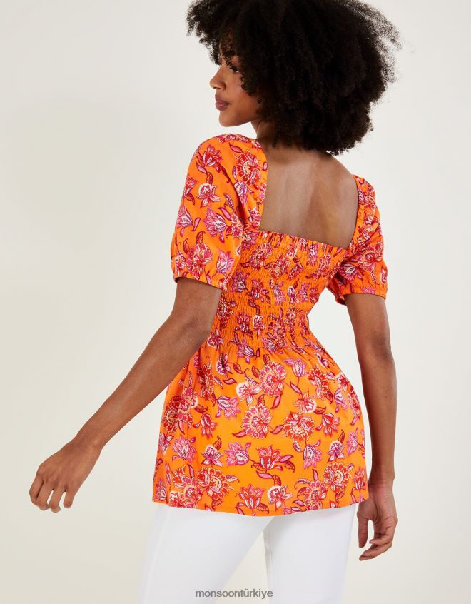 Monsoon kadınlar Sürdürülebilir pamuktan çiçek desenli büzgülü korsaj üst JH86BT480 Giyim turuncu