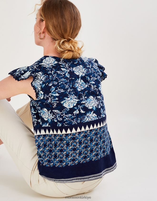 Monsoon kadınlar Sürdürülebilir pamuktan çiçek desenli katmanlı jarse üst JH86BT2781 Giyim Mavi Donanma)