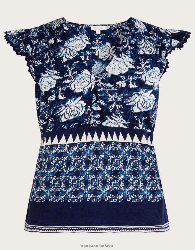 Monsoon kadınlar Sürdürülebilir pamuktan çiçek desenli katmanlı jarse üst JH86BT2781 Giyim Mavi Donanma)