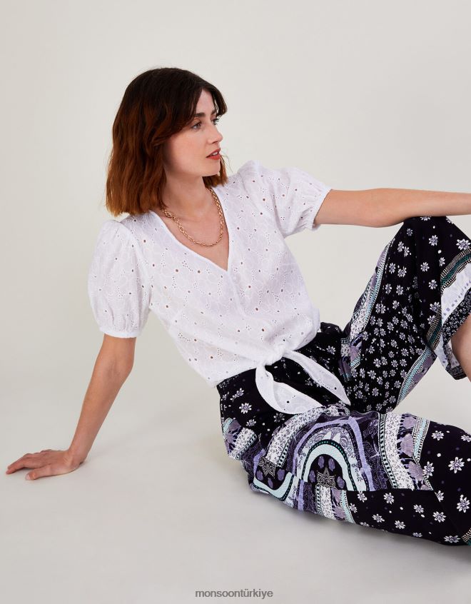 Monsoon kadınlar Sürdürülebilir pamuktan schiffli kravat detaylı üst JH86BT1020 Giyim beyaz