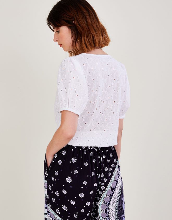 Monsoon kadınlar Sürdürülebilir pamuktan schiffli kravat detaylı üst JH86BT1020 Giyim beyaz