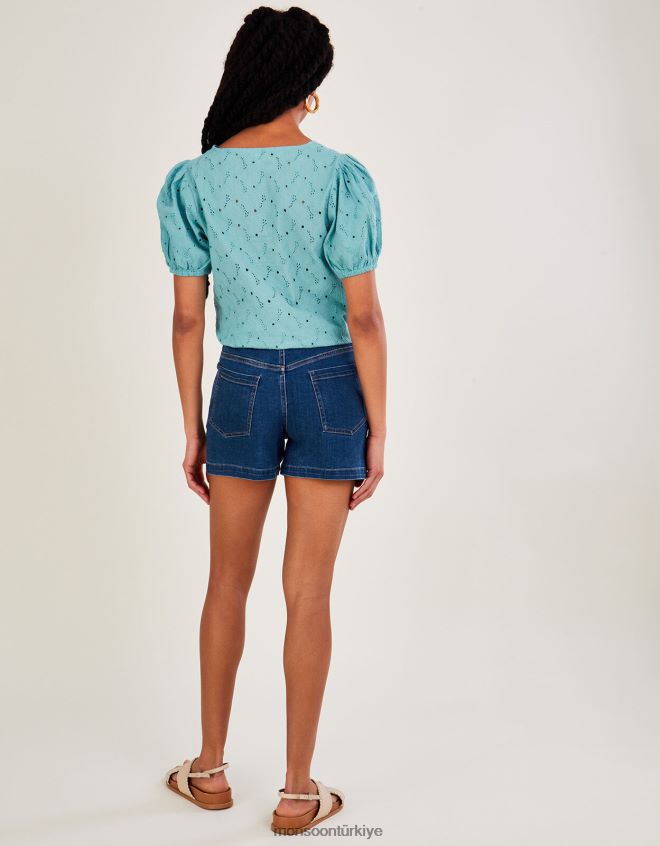 Monsoon kadınlar Sürdürülebilir pamuktan schiffli kravat detaylı üst JH86BT840 Giyim mavi