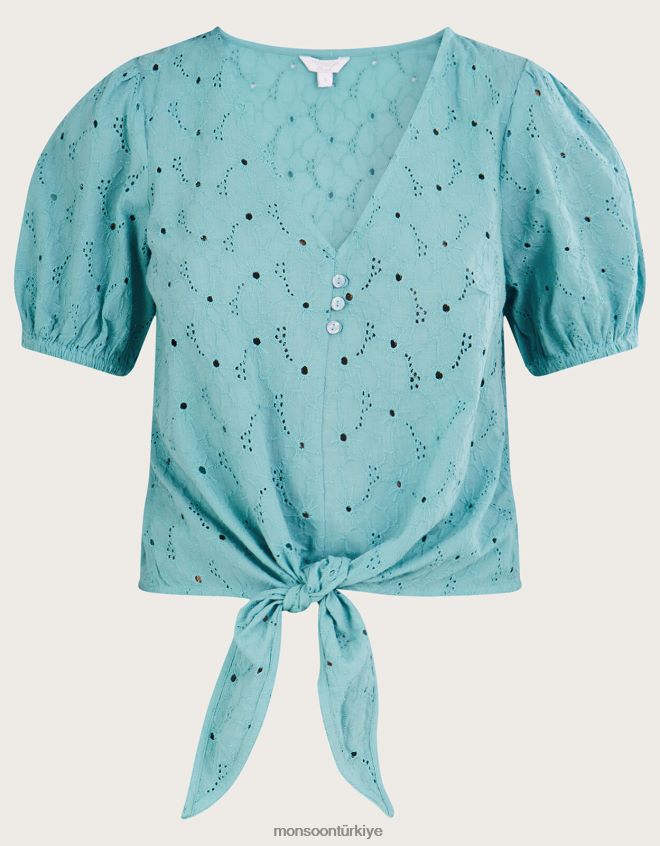 Monsoon kadınlar Sürdürülebilir pamuktan schiffli kravat detaylı üst JH86BT840 Giyim mavi