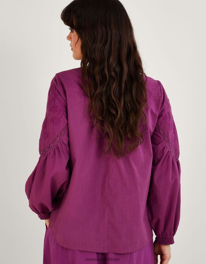 Monsoon kadınlar Sürdürülebilir pamuktan ton işlemeli baş üstü üst JH86BT739 Giyim mor (leylak)