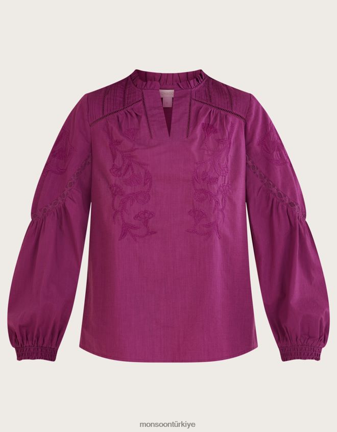 Monsoon kadınlar Sürdürülebilir pamuktan ton işlemeli baş üstü üst JH86BT739 Giyim mor (leylak)