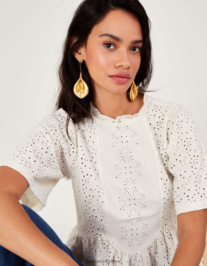 Monsoon kadınlar Schiffli detaylı üst JH86BT181 Giyim fildişi