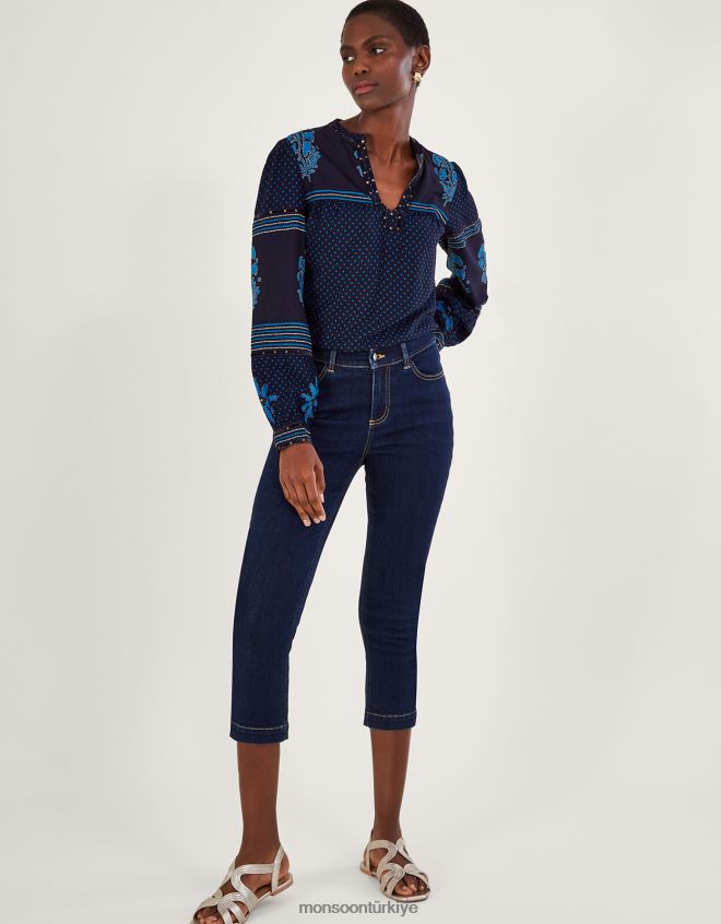 Monsoon kadınlar Yapraklarla süslenmiş baskılı üst JH86BT1012 Giyim mavi