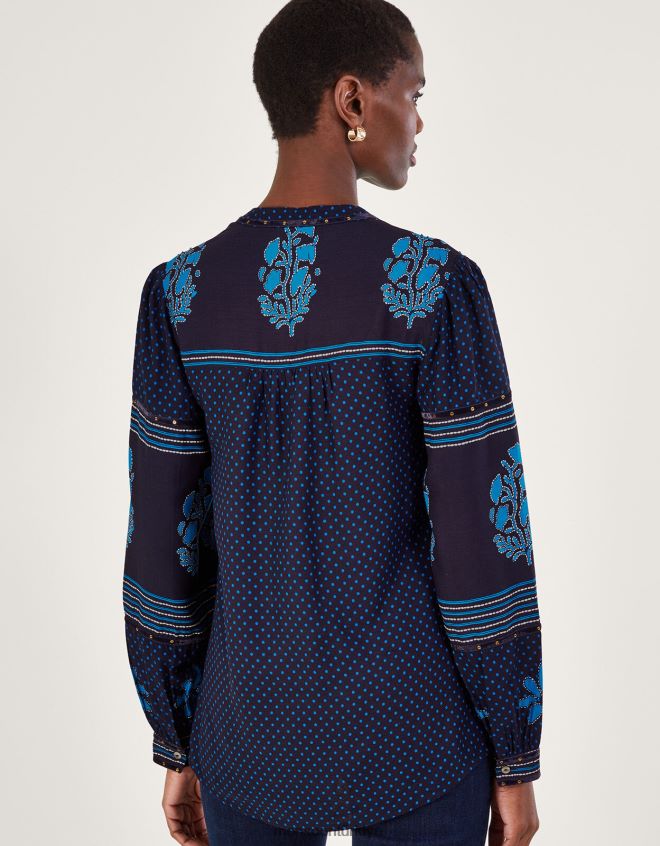 Monsoon kadınlar Yapraklarla süslenmiş baskılı üst JH86BT1012 Giyim mavi