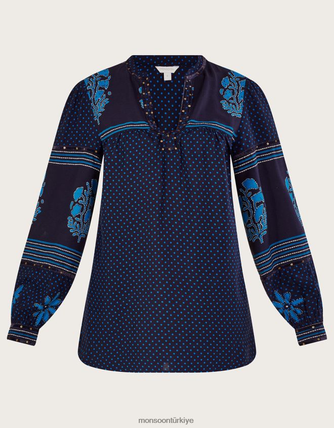 Monsoon kadınlar Yapraklarla süslenmiş baskılı üst JH86BT1012 Giyim mavi